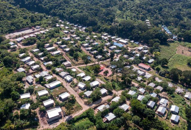 An overhead drone image of the Bosques de Santa Lucia sustainable development community in Honduras