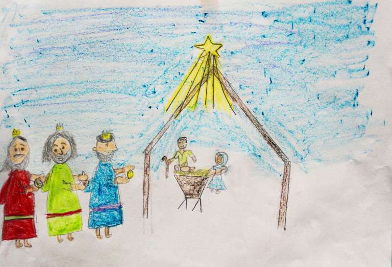 A child's drawing of the three kings visiting Mary and Joseph and the birth of Jesus
