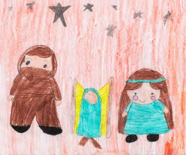 drawing done by a young child of Joseph, Mary and baby Jesus to keep Christ in Christmas