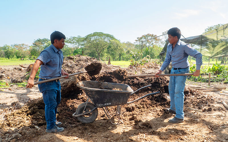 Two men are digging and moving soil from a large pile of dirt.