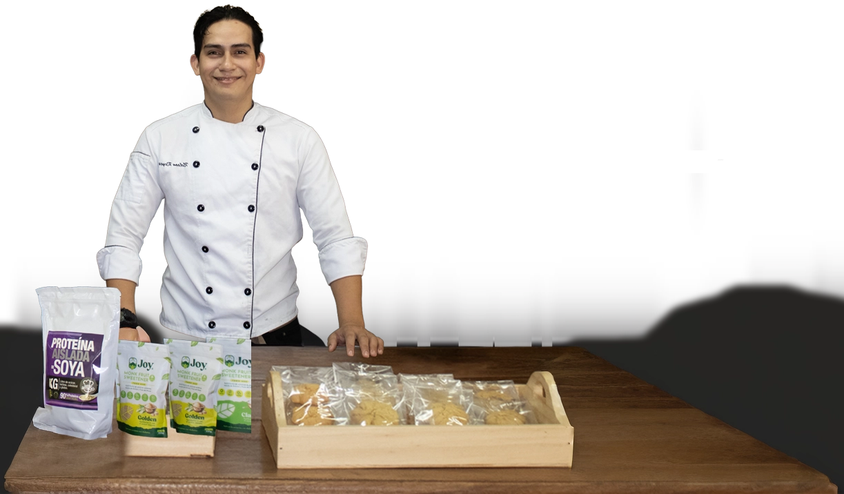 David at the table with food products