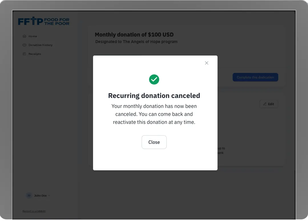 Recurring donation cancellation confirmation