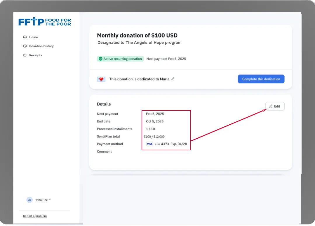 Edit payment method screen