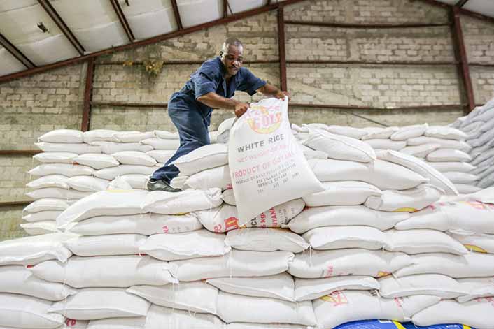 Saint Vincent - Male stacking bags of white rice