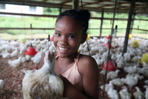 A girl at an orphanage in Guyana holds one of the chickens used in a self-sustaining development program.