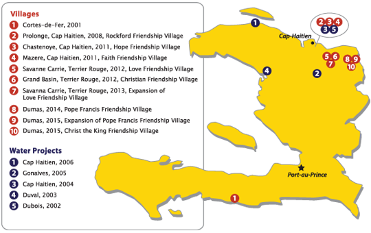 A map detailing Hope for Haitians-sponsored projects in Haiti.