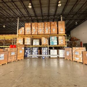 The FFTP warehouse filled with boxes ready to distribute aid to those affected by tropical storm Melissa